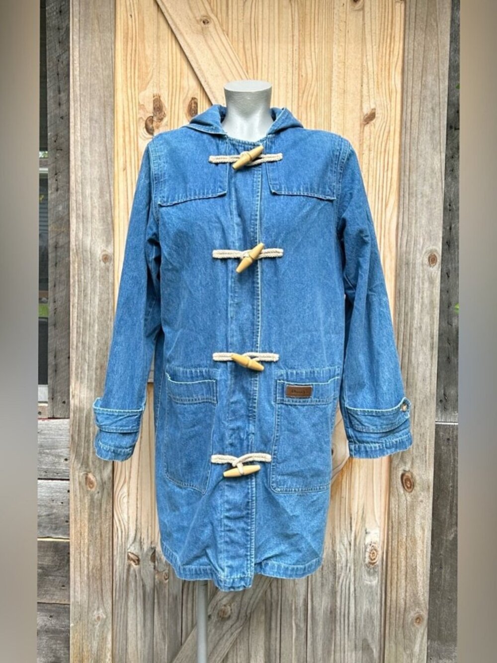 Vintage 90s Denim & Co Blue Denim Toggle Hooded Barn Chore Jacket~M~